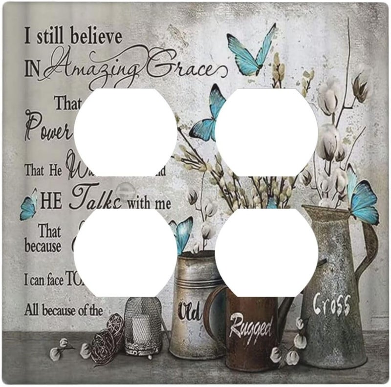 Sghxwp Decorative Outlet Covers Blue Butterfly Rustic Flower Inspirational Quotes 2 Gang Double Duplex Light Switch Cover Wall Plates Electrical Socket Cover Art Faceplate for Bathroom Bedroom Decor - Image 1